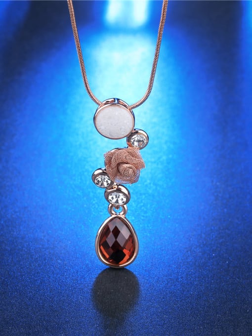 Rose Gold Orange Water Drop Shaped Glass Stone Necklace