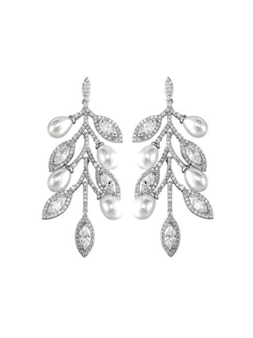 ALI New leaves imitation pearl micro-inlaid zircon earrings 0