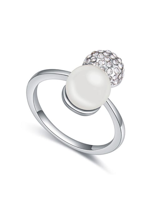 QIANZI Fashionable Imitation Pearl Shiny Crystals-covered Bead Alloy Ring 0