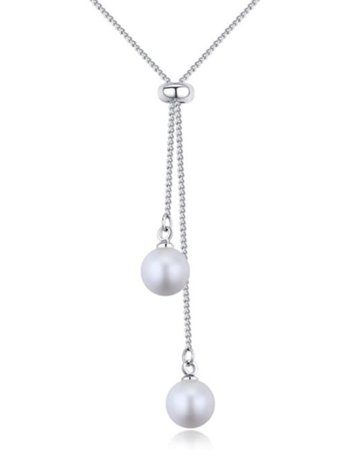 White Simple Two Imitation Pearls Tassel Pendant Alloy Necklace