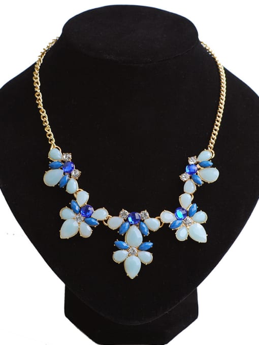 Blue Fashion Colorful Resin Flowery Pendant Gold Plated Necklace