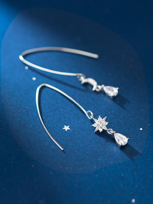 Rosh 925 Sterling Silver With  Cubic Zirconia  Simplistic Star Moon Hook Earrings 1