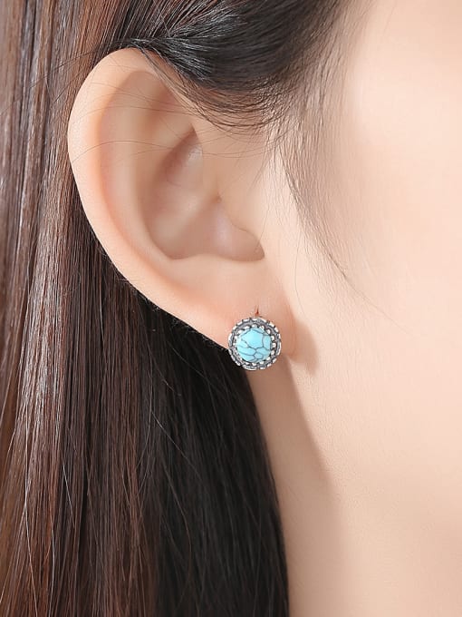 CCUI 925 Sterling Silver With Turquoise Vintage  Round Stud Earrings 1