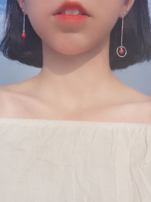Peng Yuan Asymmetrical Red Round Bead Drop Earrings 1