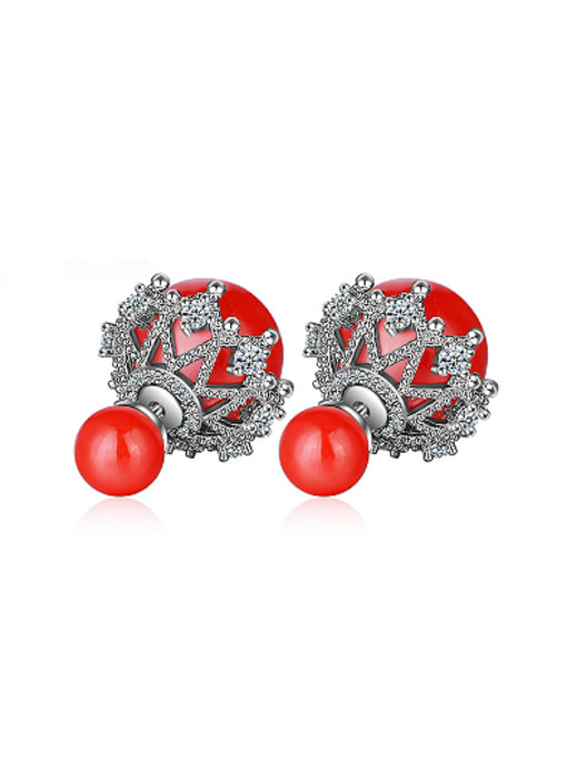 Red Personalized Double Imitation Pearls Cubic Zirconias Stud Earrings