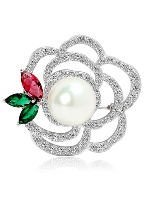 BLING SU Copper inlaid AAA zircon Pearl White Rose Brooch