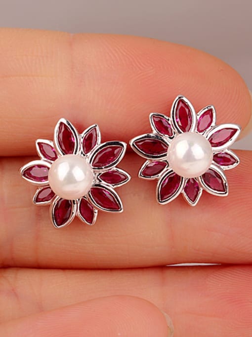 Qing Xing Sterling Silver Red Corundum Pearl Hypoallergenic stud Earring 2
