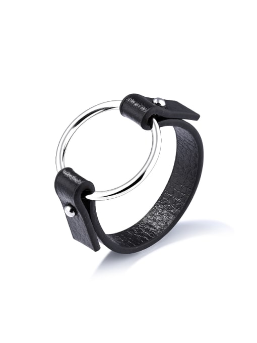 titanium Simple Round Black Artificial Leather Bracelet