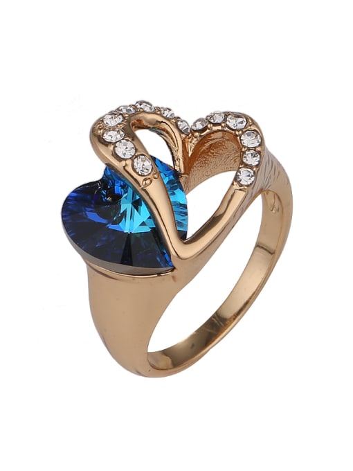 Gold Fashion Blue Crystal Cubic Rhinestones Heart shaped Ring