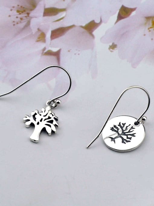 SHUI Vintage Sterling Silver  With Simplistic Small Tree Round Card Asymmetric  Hook Earrings 0