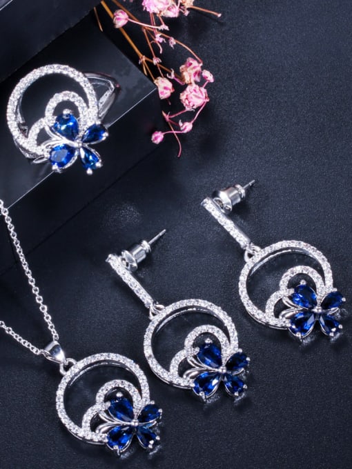 Blue US 7 Copper With Cubic Zirconia  Delicate Flower 3 Piece Jewelry Set