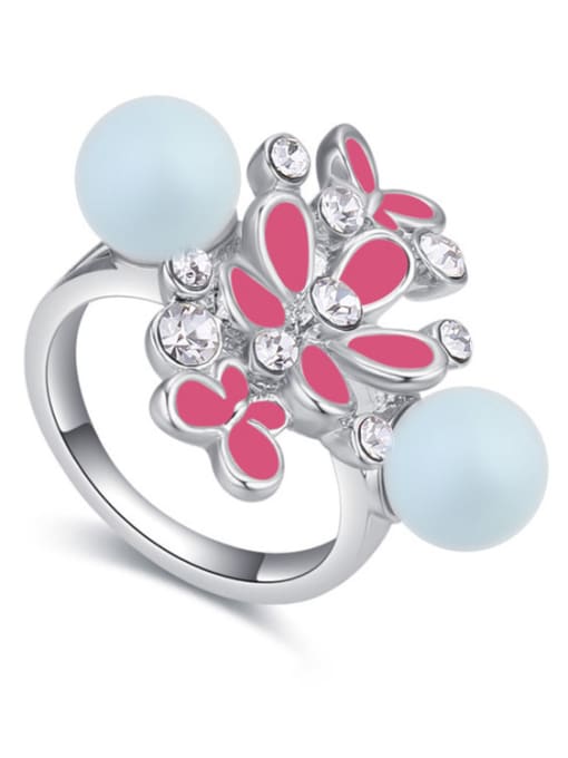 light blue Exaggerated Two Imitation Pearls White Crystals-embellished Flowers Ring