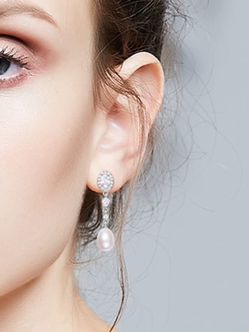 CEIDAI Fashion Freshwater Pearl Zircon Silver Stud Earrings 2