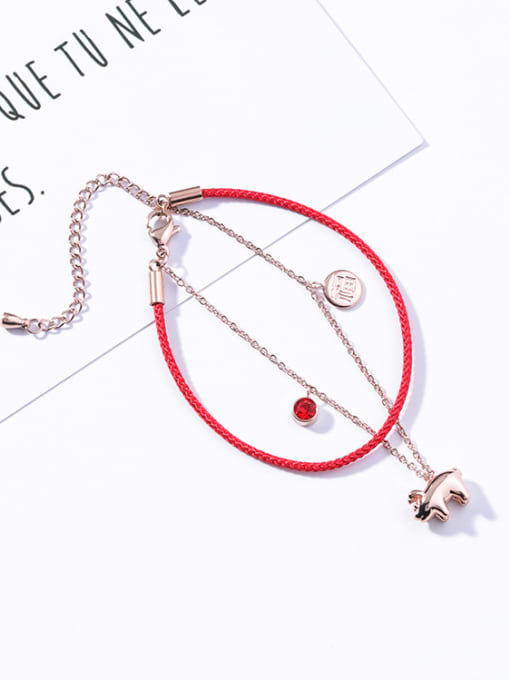 A Double Bracelet Titanium steel With Rose Gold Plated Cute Animal Pig Red rope Bracelets