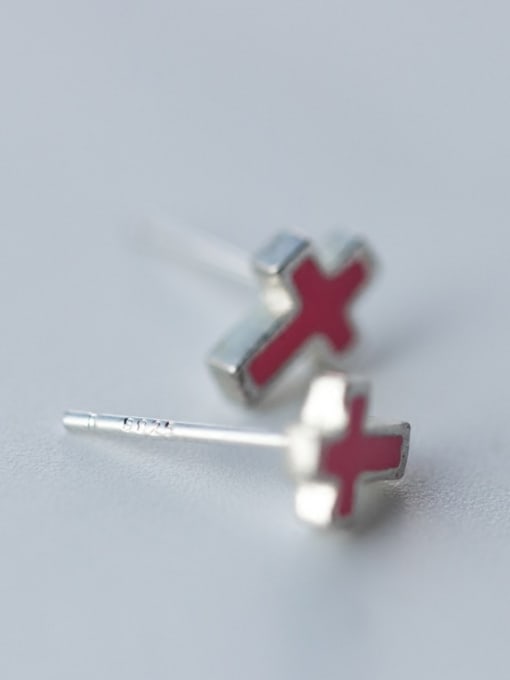 Rosh Fashionable Red Cross Shaped Glue S925 Silver Stud Earrings 1