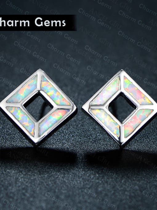 White Copper inlay blue opal square personality stud earrings