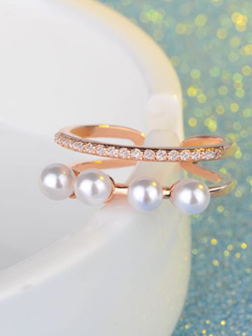 Rose Gold Fashion Two-band Imitation Pearls Opening Ring