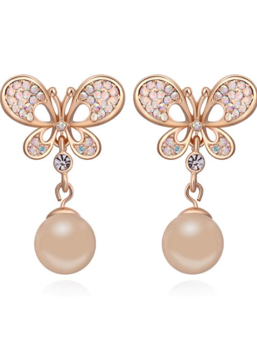 nude Fashion Champagne Gold Plated Imitation Pearl Butterfly Stud Earrings
