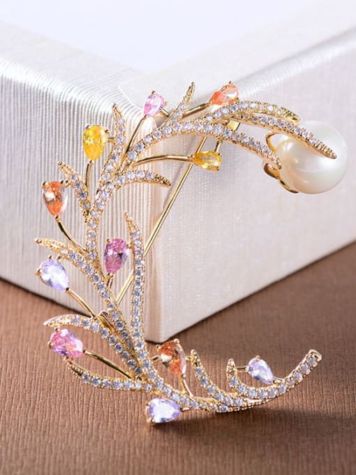 Hua Copper With Cubic Zirconia Delicate Leaf Brooches 1
