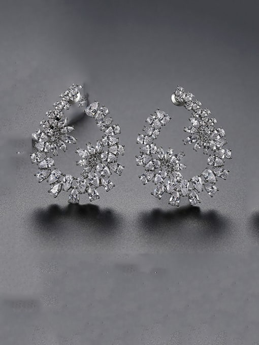 Platinum Copper With Cubic Zirconia Luxury Flower Stud Earrings