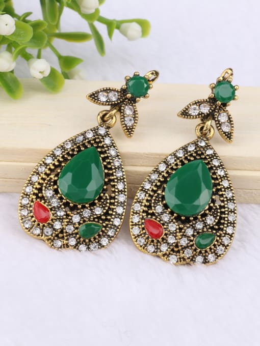 green Ethnic style Water Drop Resin stones White Crystals Alloy Drop Earrings