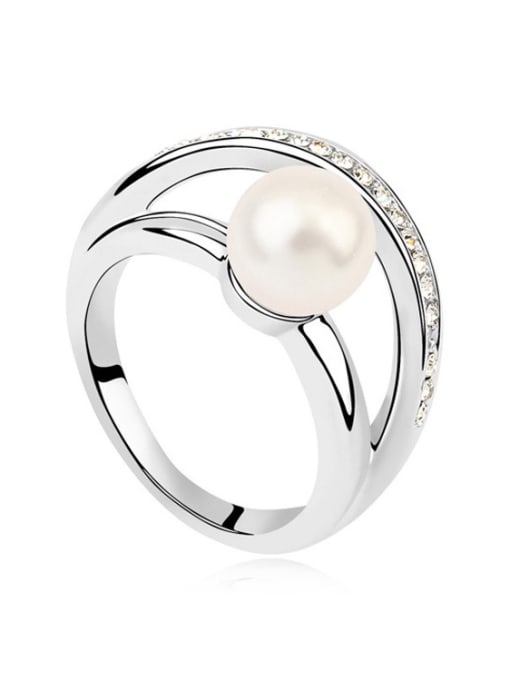 QIANZI Simple Imitation Pearl Shiny Crystals Alloy Ring 2