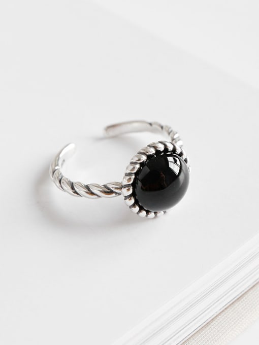 DAKA 925 Sterling Silver With black Carnelian Vintage Round Solitaire Rings