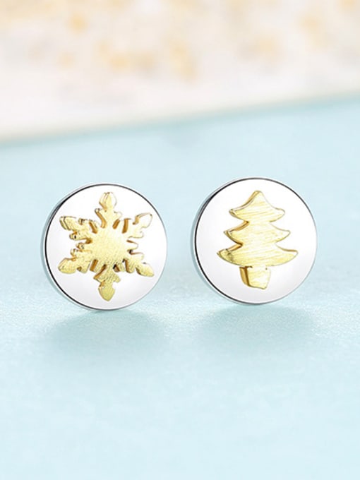 Yellow 925 Sterling Silver With Glossy  Simplistic Christmas Tree Snowflake  Stud Earrings