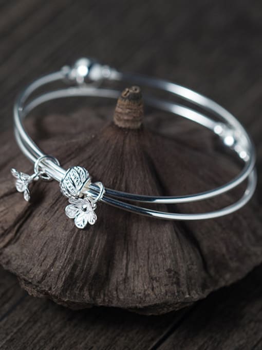 white All-match Two Layer Flower Shaped S925 Silver Bangle