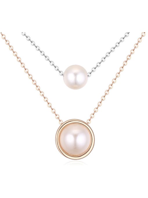 QIANZI Simple Double Layer White Imitation Pearls Double Color Plated Necklace 0