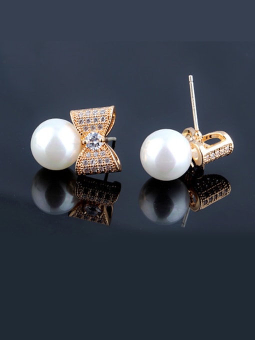 Qing Xing Sterling Silver Bow  Zircon Pearls Shells Upscale Fashion stud Earring 1