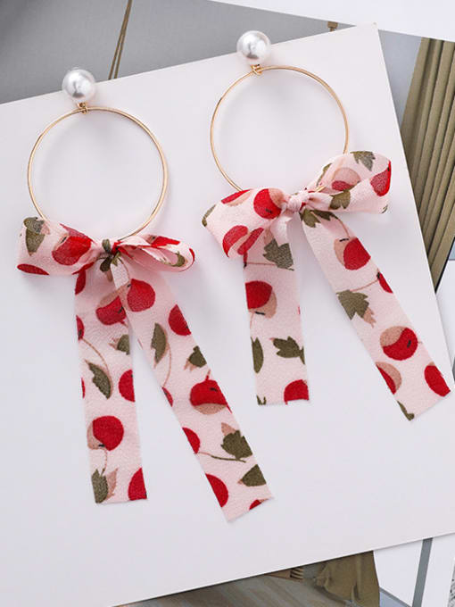 A Pearl Circle Alloy With Imitation Gold Plated Romantic Print Ribbon Bowknot Drop Earrings