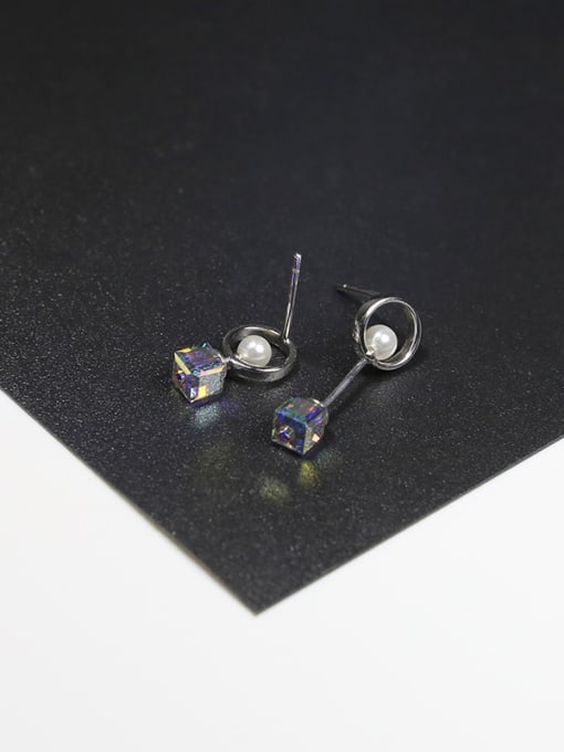 Peng Yuan Simple Cubic Crystals Tiny Imitation Peals Hollow Round 925 Silver Stud Earrigns 2