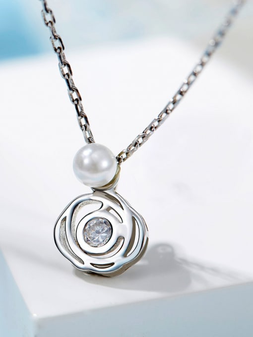 CEIDAI Simple Flower Artificial Pearl Pendant 925 Silver Necklace 0