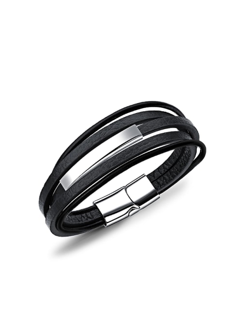 black Simple Multi-band Titanium Artificial Leather Bracelet