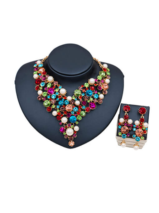 multicolor 2 Pearl Glass Rhinestones Two Pieces Jewelry Set