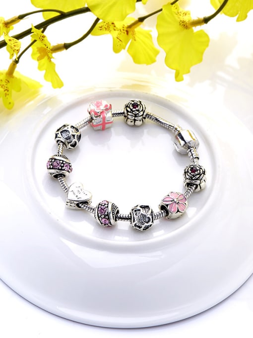 Silvery Elegant Pink Geometric Shaped Handmade Beads Bracelet