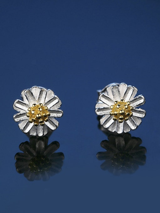 ZK Elegant Little Daisy Flower Double Color 925 Sterling Silver Stud Earrings 0