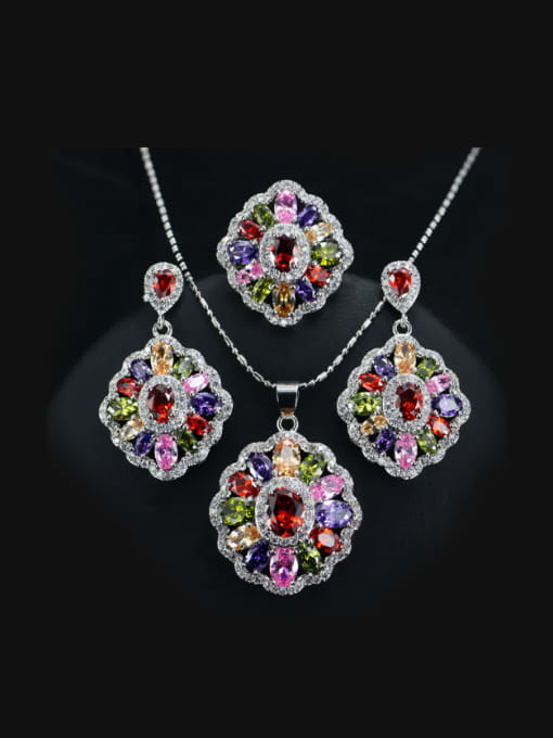 Colorful Rings 6 Yards Colorful Zircons Flower Three Pieces Jewelry Set