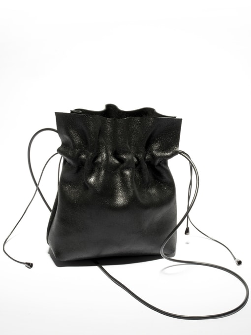 Black Fashion Drawstring Fisherman's Bag Black Leather Bucket Bag