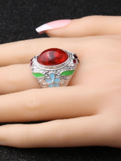 Gujin Ethnic style Personalized Red Resin stone Flowery Alloy Ring 1