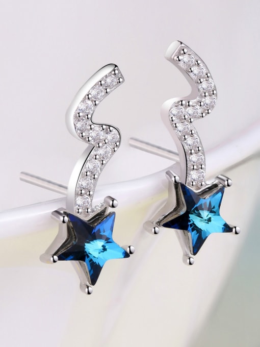 One Silver Fashion Blue Crystal Star Cubic White Zirconias 925 Silver Stud Earrings 2