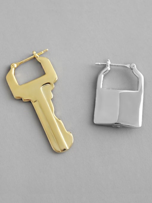DAKA 925 Sterling Silver With Gold Plated Simplistic Asymmetric Lock Key  Clip On Earrings 3