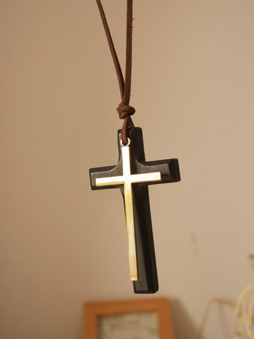 Black Unisex Wooden Cross Shaped Necklace