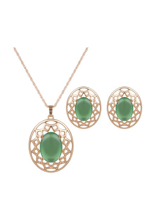 green Alloy Imitation-gold Plated Fashion Artificial Stones Hollow Two Pieces Jewelry Set