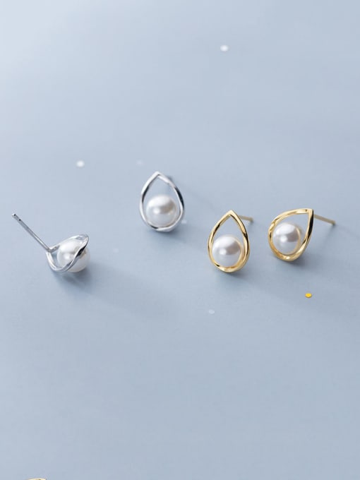 Rosh 925 Sterling Silver With Artificial Pearl Simplistic Geometric Stud Earrings