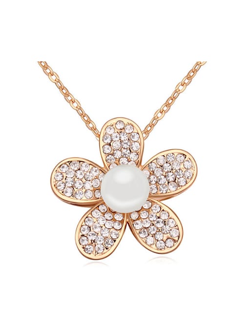 QIANZI Fashion White Tiny Crystals-covered Flower Imitation Pearl Alloy Necklace