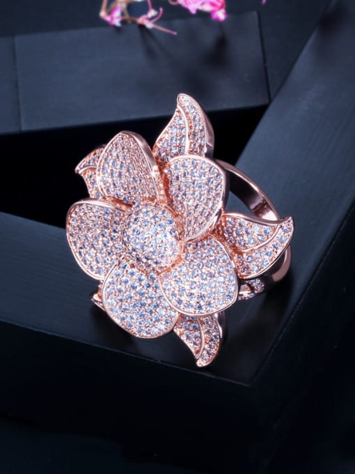 L.WIN Copper With Cubic Zirconia Luxury Flower Statement Rings 4