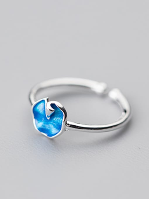 Blue Women Fresh Lotus Leaf Shaped S925 Silver Enamel Ring