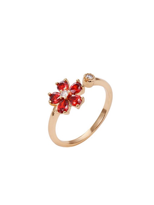 red Copper Alloy 18K Gold Plated Fashion Flower Zircon Opening Ring
